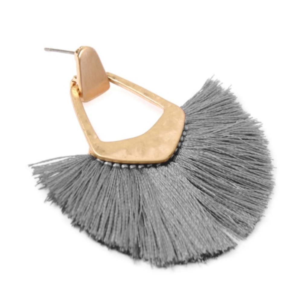 Bohemian Silky Thread Tassel Fringe Statement Drop Earrings 
- GRAY - Picture 2 of 4